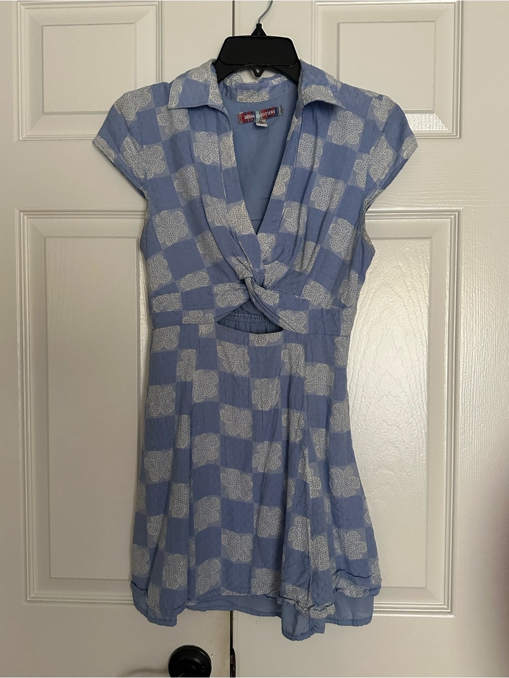 Urban Outfitters Blue Checkered Floral Twist‎ Front Cutout Mini Dress Medium
